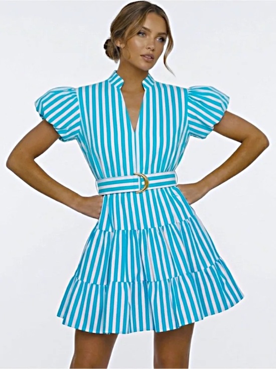 Lusana Dresses & Skirts - Lusana Blue and white mini dress with belt